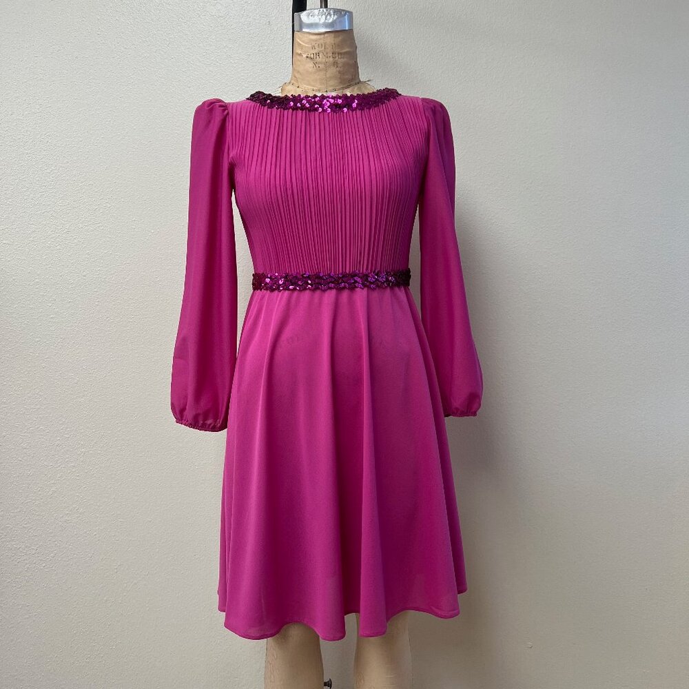 EUC Vintage 70s Boston Maid Sheer Sequined Long Sleeve Pink Midi Dress Medium